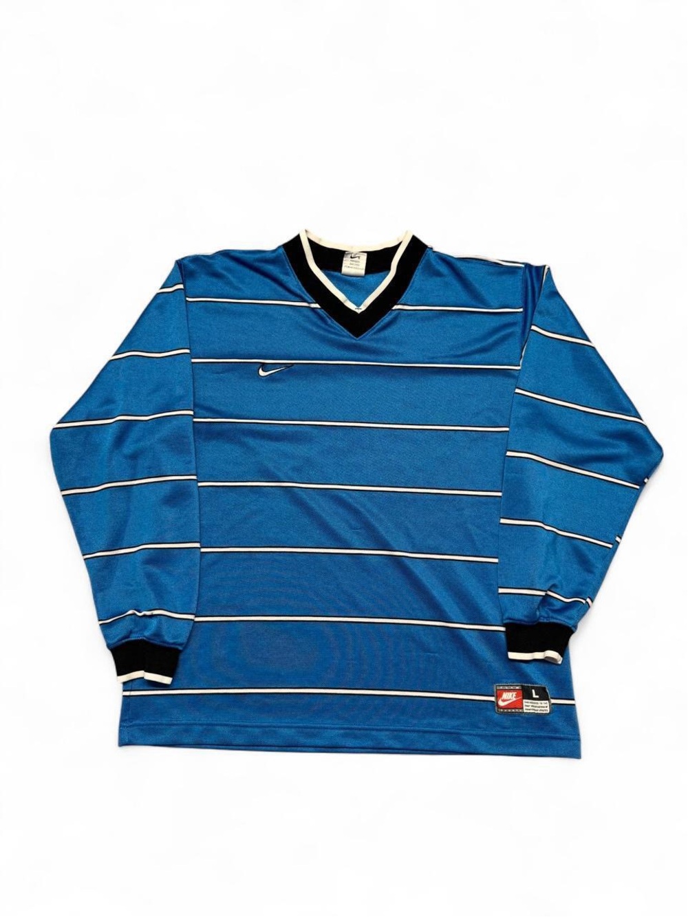 Vintage 90s Nike long sleeve striped soccer football jersey blue L mens made USA